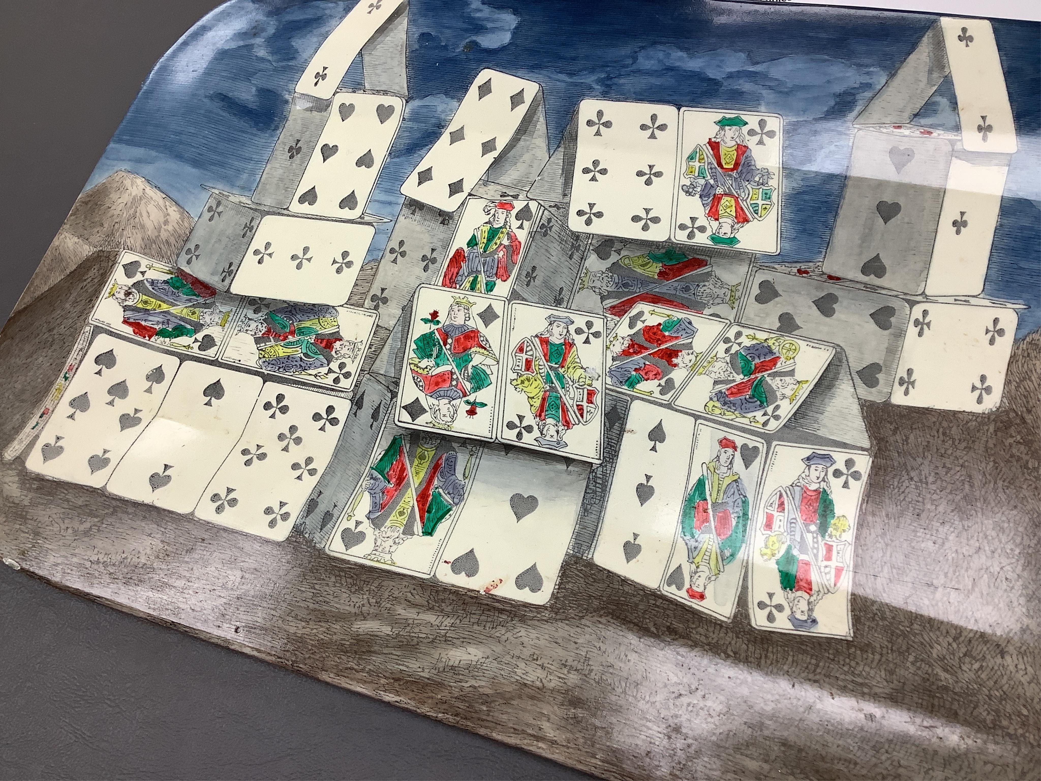 A Fornasetti 'Citta di Carte' (City of Cards) rectangular tin tray, 59cm wide